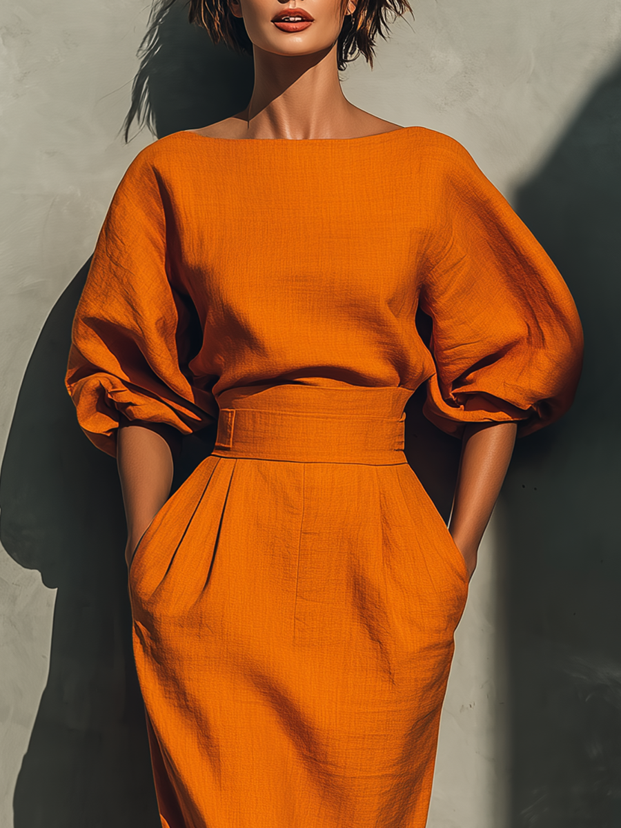 Orange Mid-Sleeve Top & Midi Skirt Set