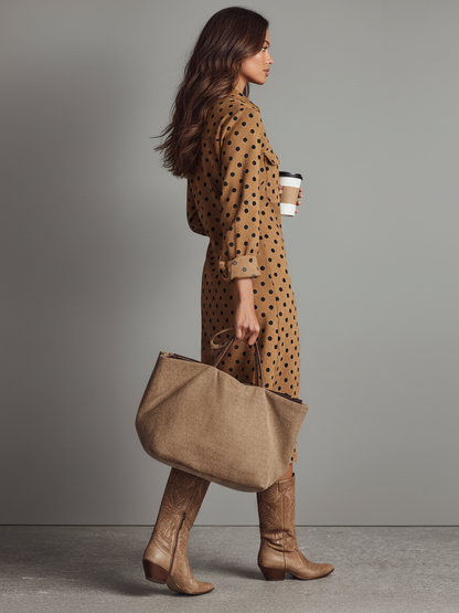 Polka Dot Faux Suede Shirt Midi Dress
