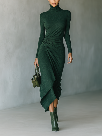 Dark Green High-Elastic Knit High-Neck Wrap Midi Dress