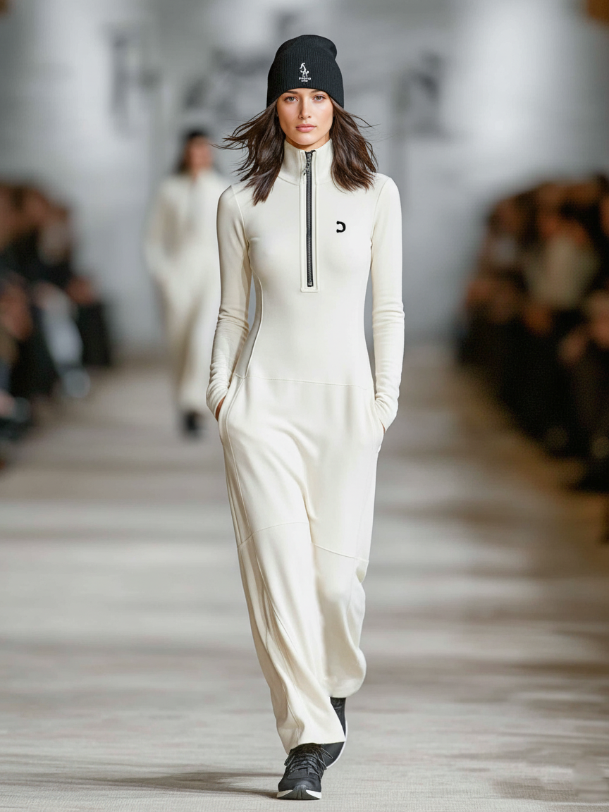 Sports Cotton Half-High Collar Zip Maxi Dress