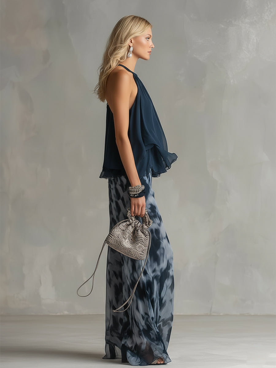 Ludovica - elegant chiffon dress with high neck top and wide printed trousers