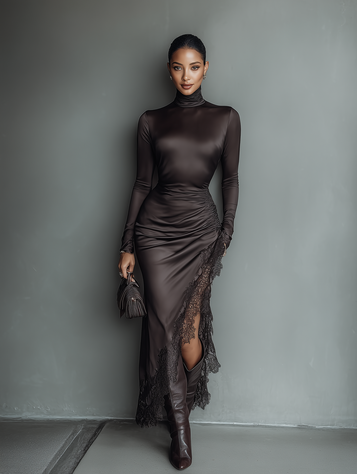 Dark Brown Satin Irregular Hem Lace Slim Maxi Dress