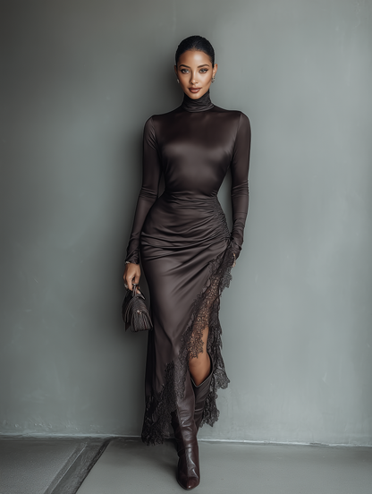 Dark Brown Satin Irregular Hem Lace Slim Maxi Dress