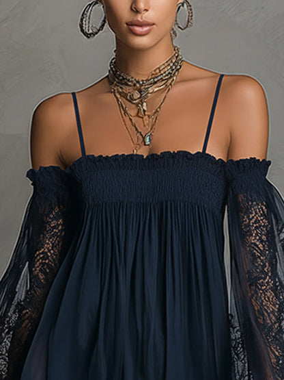 Noemi - Navy blue chiffon mini dress with off-the-shoulder neckline, lace trim and sheer sleeves
