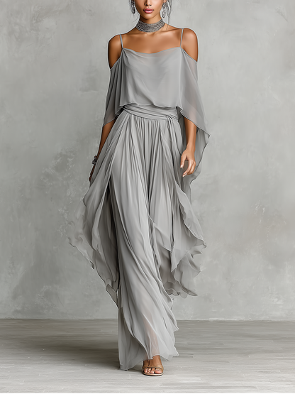 Grey Chiffon Cold-Shoulder Flared Co-ord Set