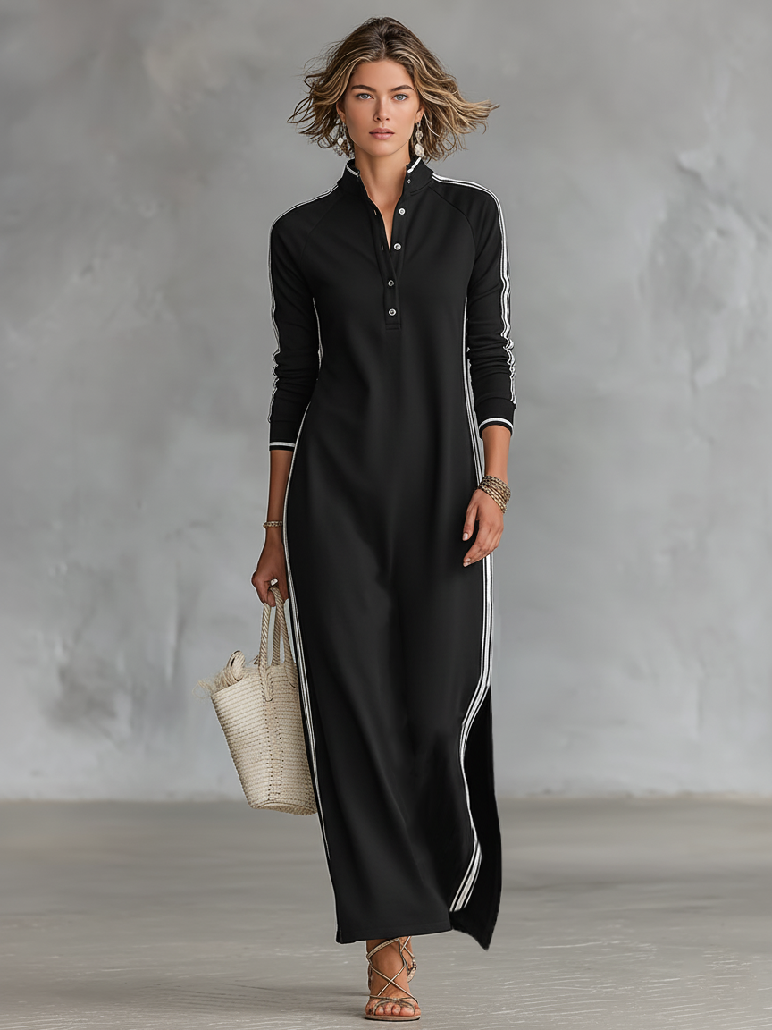 White Trim Button Collar Sweatshirt Maxi Dress