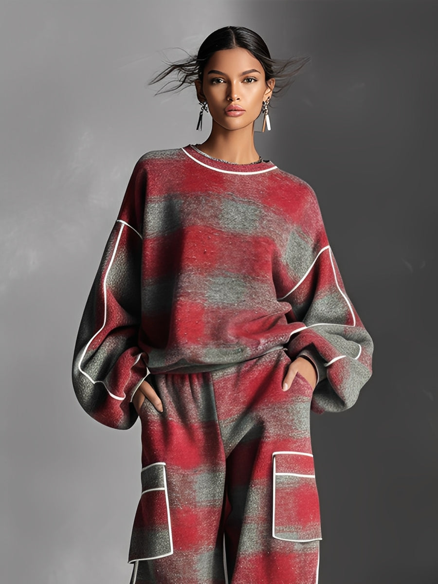 Red & Grey Plaid Colour Block Piping Pantsuit Set