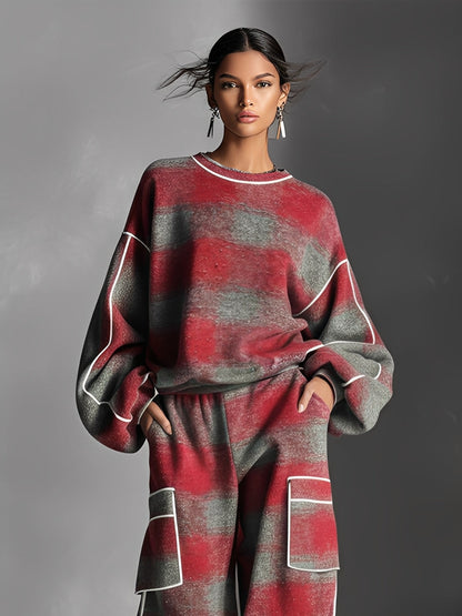 Red & Grey Plaid Colour Block Piping Pantsuit Set