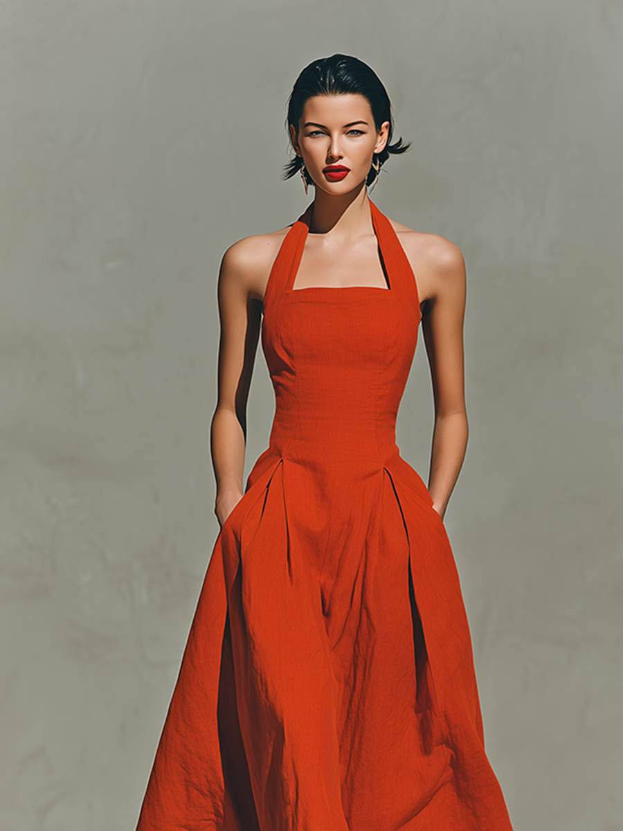 Red Linen Halter Neck Pleated Skirt Maxi Dress