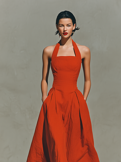 Red Linen Halter Neck Pleated Skirt Maxi Dress