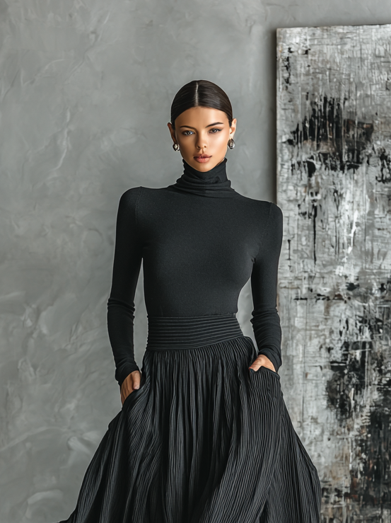 Black Skinny Turtleneck Top & Pleated Skirt Set