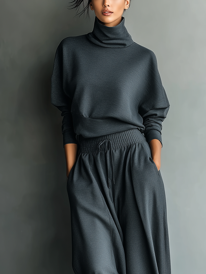 Charcoal Knit Turtleneck Oversized Top & Wide-Leg Pants Set