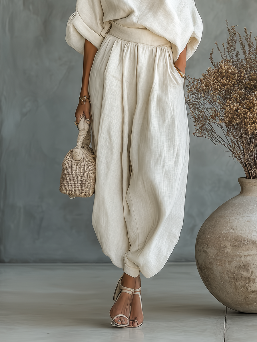 Off-White Linen Off-Shoulder Top & Tapered Pants Set