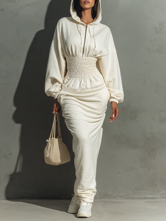 Waist Shirring Hooded Sweatshirt Maxi Dress