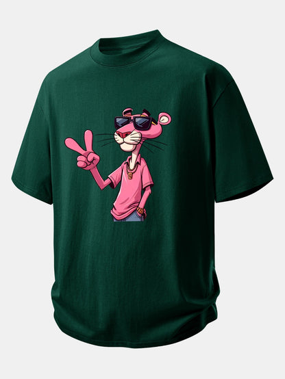 Relax Fit Pink Panther With V Sign Print Cotton T-Shirt