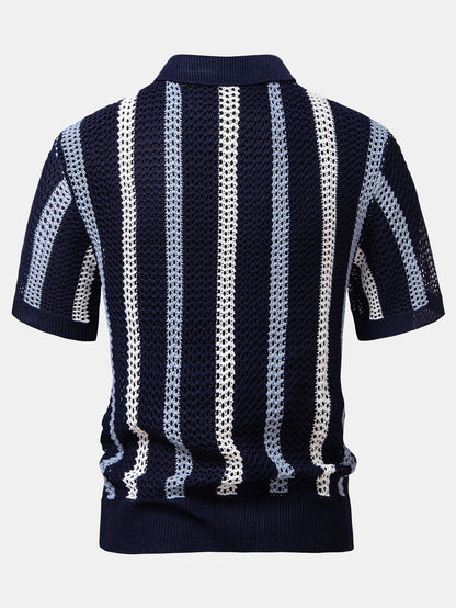 Striped Crochet V Neck Polo & Crinkle Textured Drawstring 5" Shorts