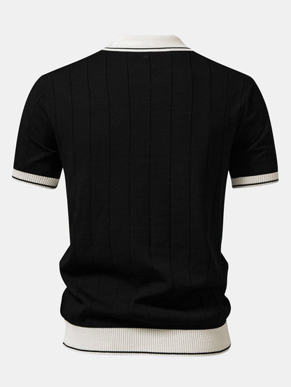 Contrast Trim Ribbed Johnny Collar Knit Polo & Elastic Waist Chino Shorts
