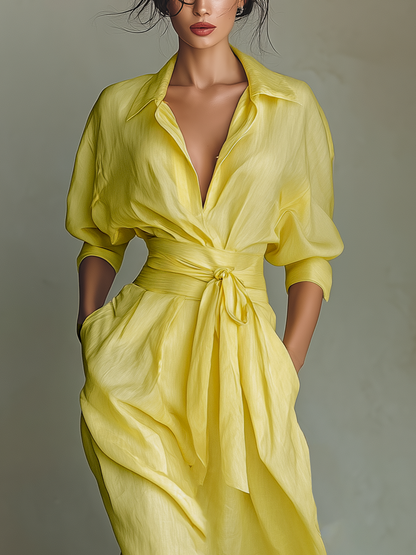 Lemon Yellow Cotton-Linen Tie Waist Maxi Shirt Dress