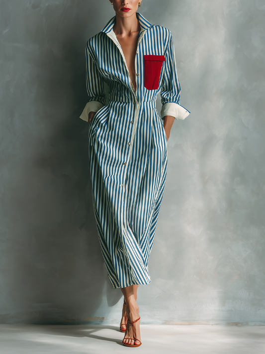 women's Blue And White Cotton Blend Striped Shirt Dress