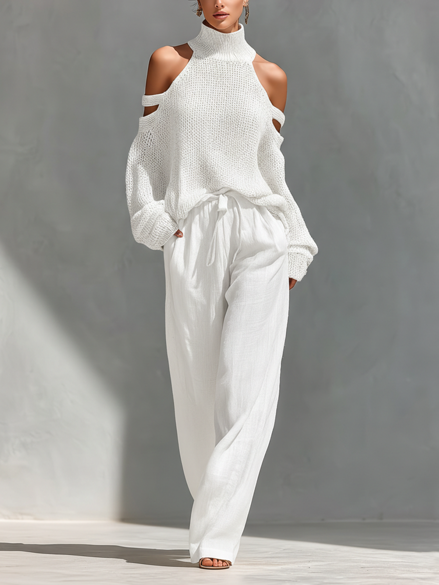 Beige Knit Cold-Shoulder Turtleneck & Wide-Leg Pants Set