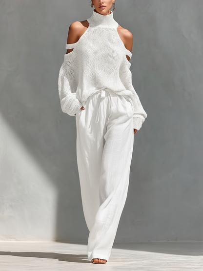 Beige Knit Cold-Shoulder Turtleneck & Wide-Leg Pants Set