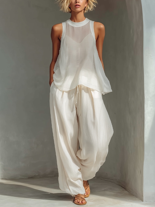 Cream Chiffon Sleeveless Top & Linen Drawstring Wide-Leg Trousers Set