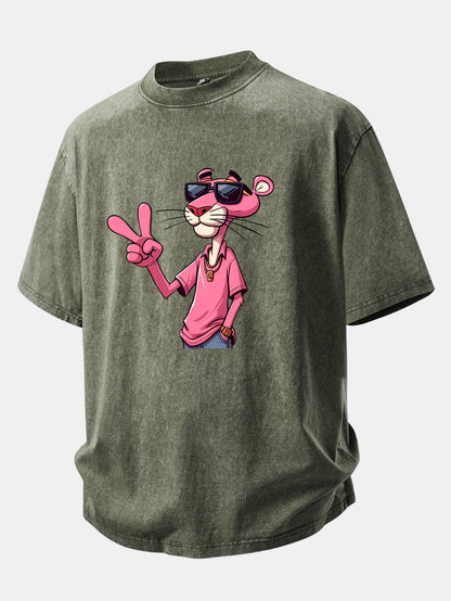 Pink Panther With V Sign Print Washed Distressed Drop Shoulder T-Shirt
