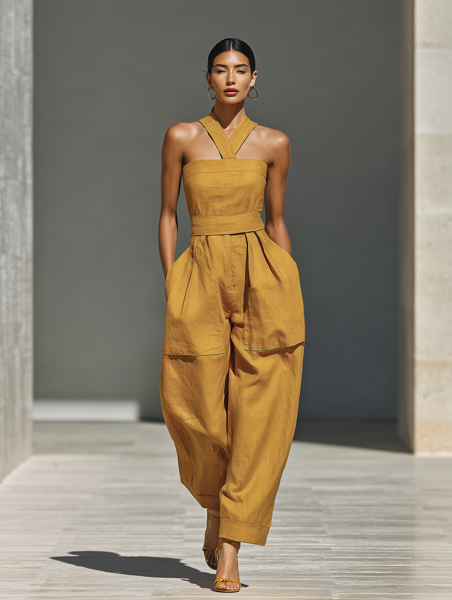 Linen Crisscross Neck Relaxed Jumpsuit