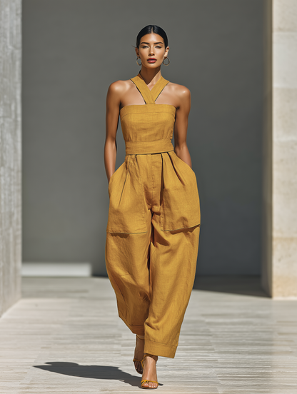Linen Crisscross Neck Relaxed Jumpsuit