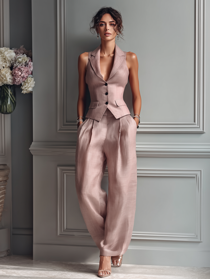 Blush Pink Linen Lapel Sleeveless Vest & Wide-Leg Pants Set