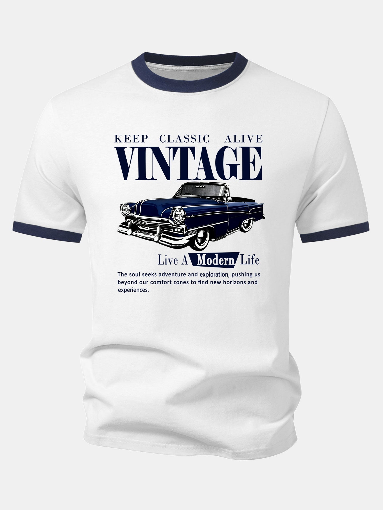 Vintage Car Print Contrast Ringer T-Shirt & Cotton Drawstring 7" Shorts