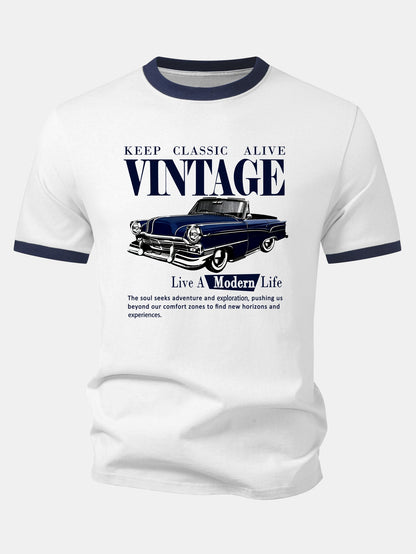 Vintage Car Print Contrast Ringer T-Shirt & Cotton Drawstring 7" Shorts