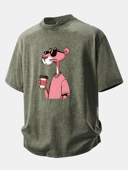 Pink Panther Drinking Coffee Print Washed Distressed Drop Shoulder T-Shirt