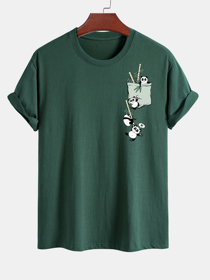 Regular Fit Pocket Panda Print Cotton T-Shirt