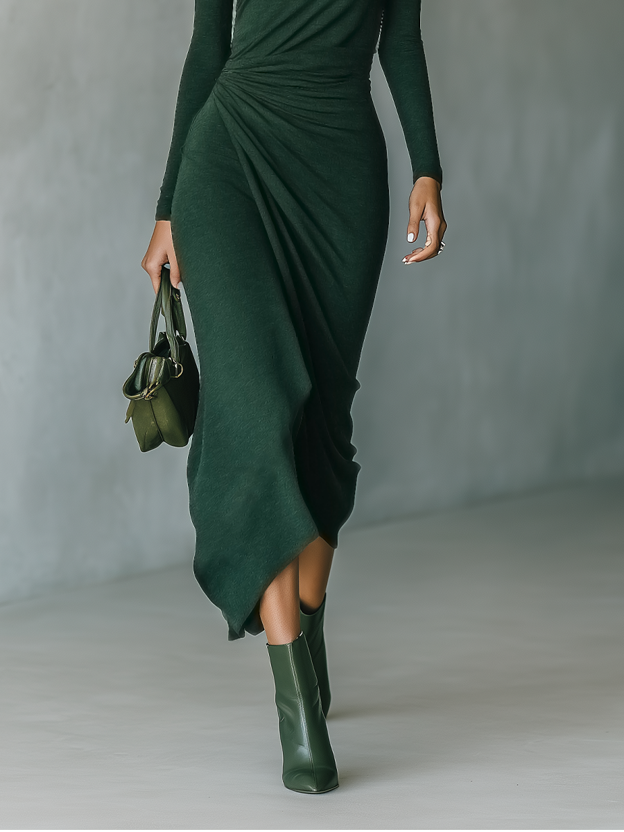 Dark Green High-Elastic Knit High-Neck Wrap Midi Dress