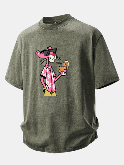 Vacation Pink Panther Print Washed Distressed Drop Shoulder T-Shirt