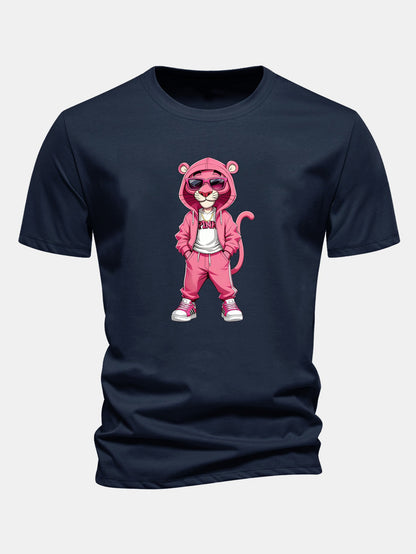 Regular Fit Street Fashion Pink Panther Print Cotton T-Shirt
