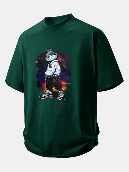 Relax Fit Cartoon Rabbit Print Cotton T-Shirt