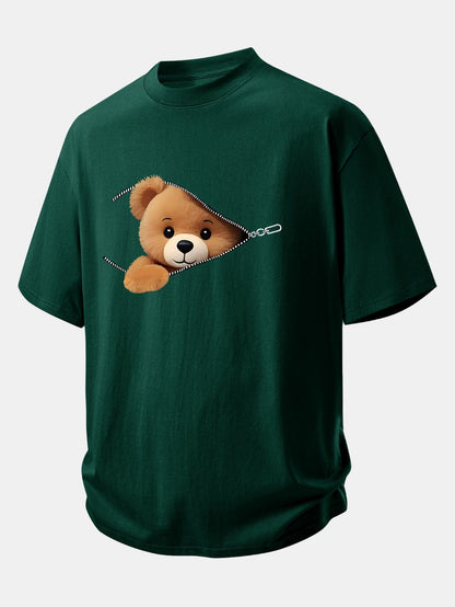 Relax Fit Zipper Bear Print Cotton T-Shirt