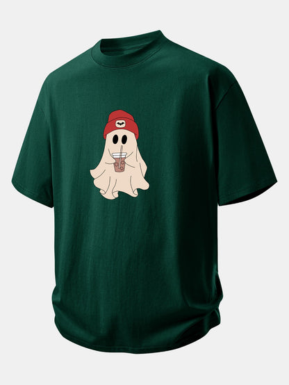 Relax Fit Red Hat Ghost Print Cotton T-Shirt