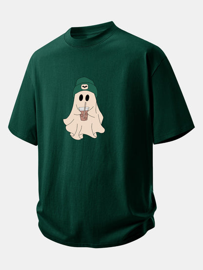 Relax Fit Darkgreen Hat Ghost Print Cotton T-Shirt