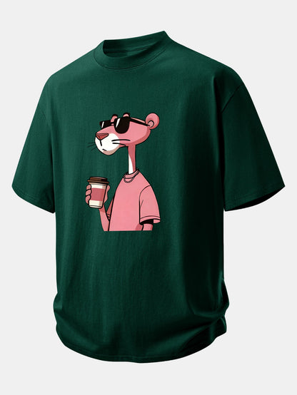 Relax Fit Pink Panther Drinking Coffee Print Cotton T-Shirt