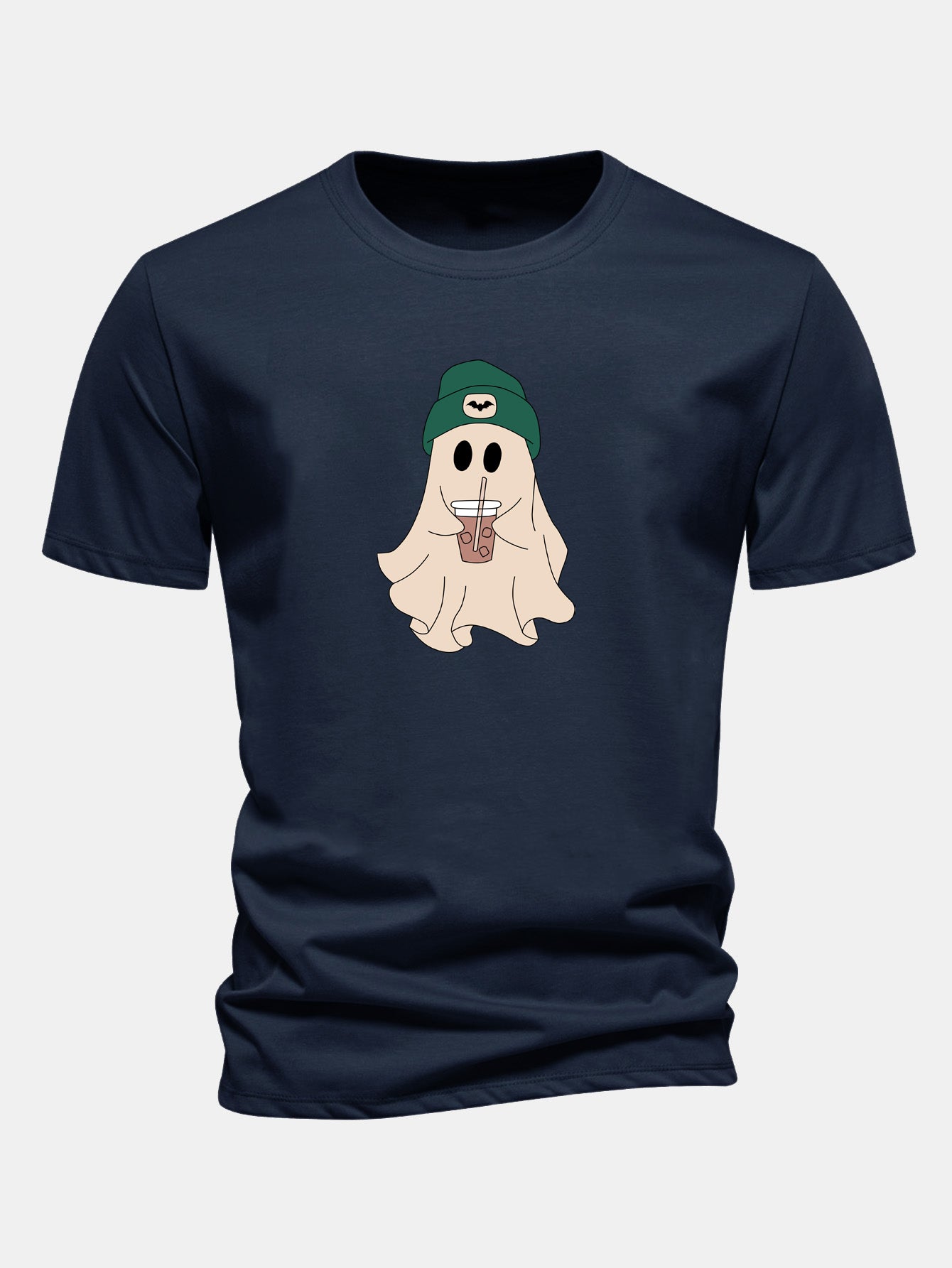 Regular Fit Darkgreen Hat Ghost Print Cotton T-Shirt