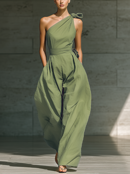 Light Green Cotton-Linen One-Shoulder Tie Waist Wide-Leg Jumpsuit