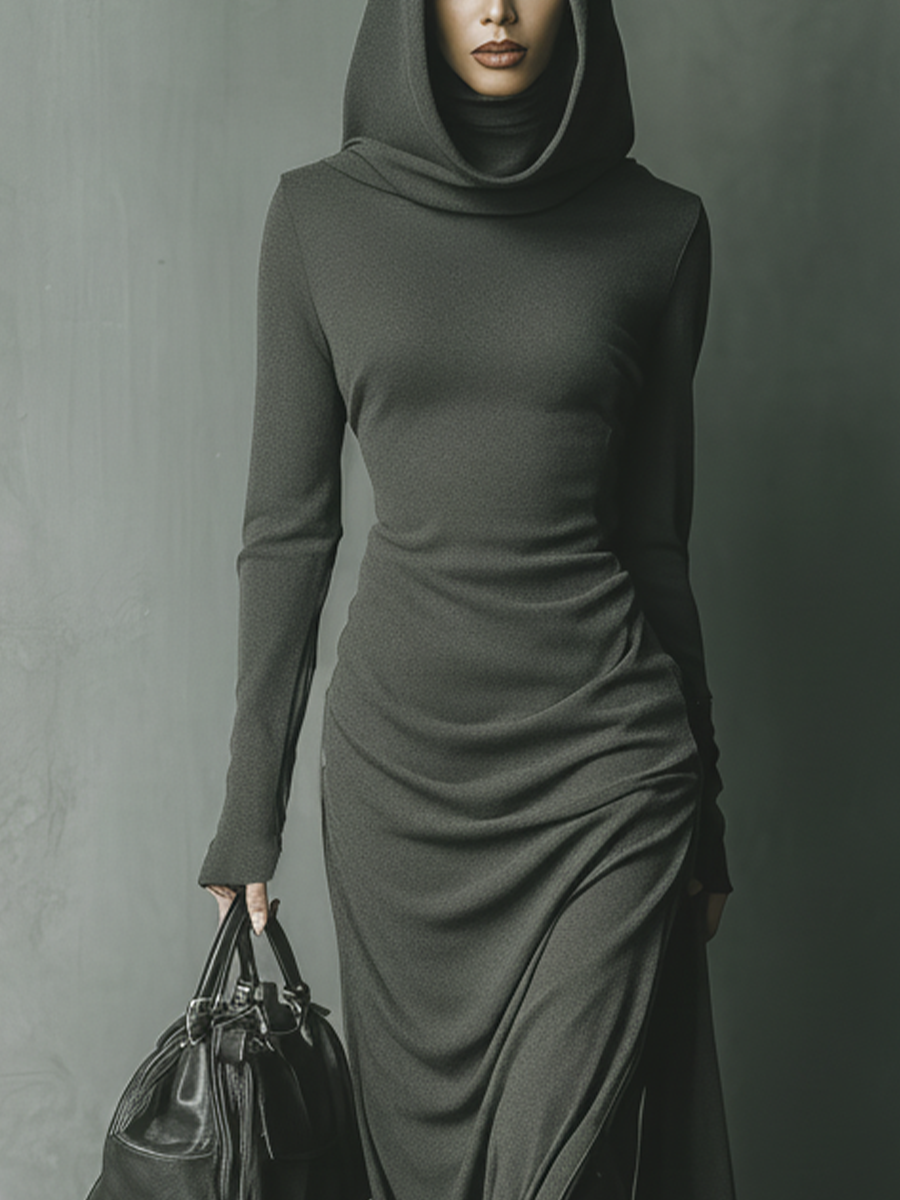 Dark Grey High-Elastic Knit Hooded Maxi Dress