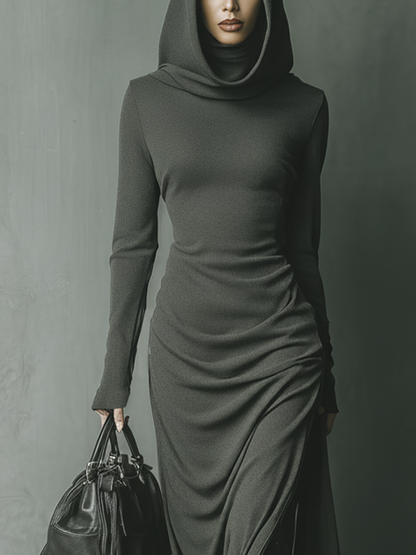 Dark Grey High-Elastic Knit Hooded Maxi Dress