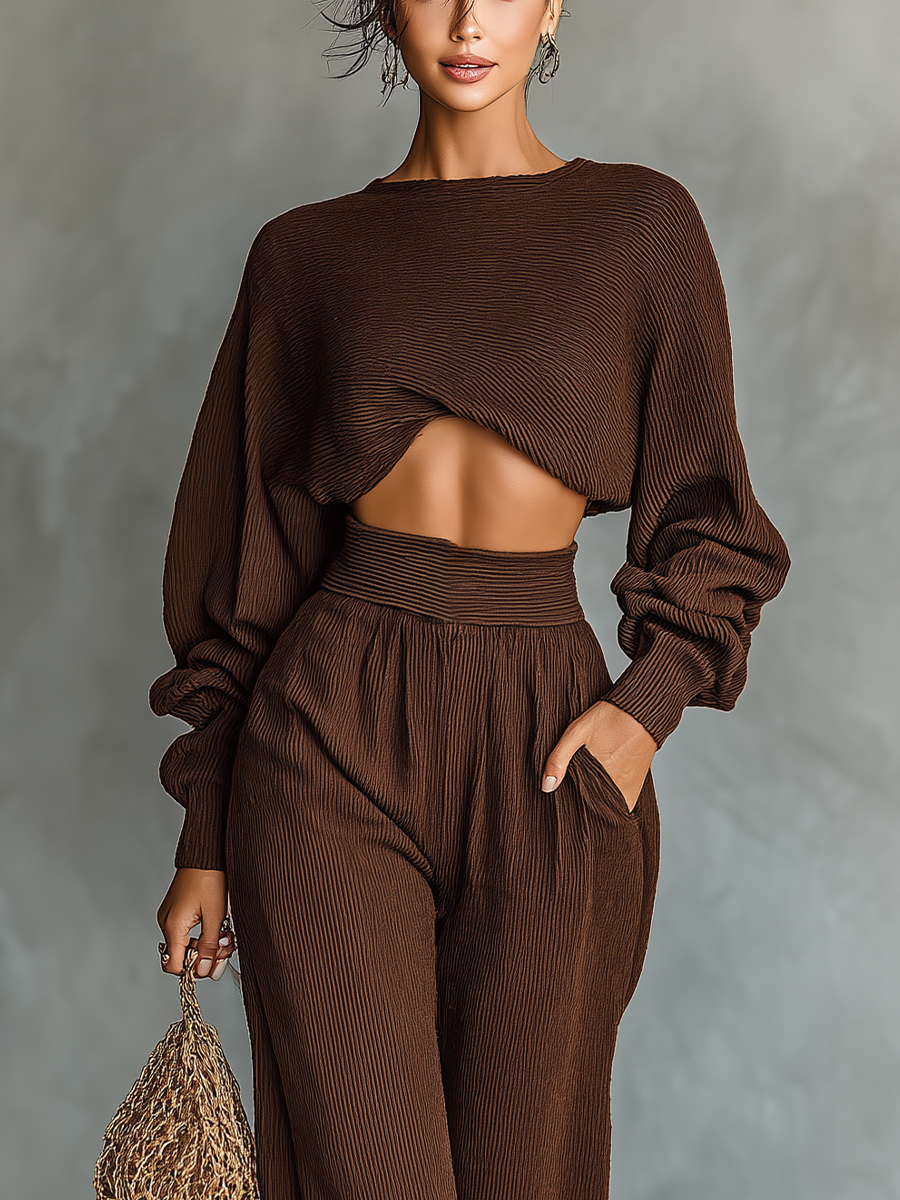 Coffee Knit Short Top & Wide-Leg Pants Set