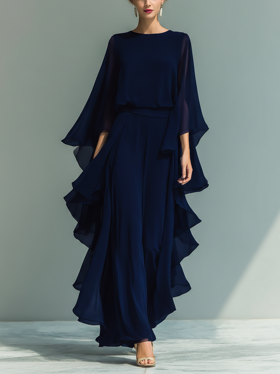 Navy Chiffon Flared Sleeve Top & Straight-Leg Trousers Set