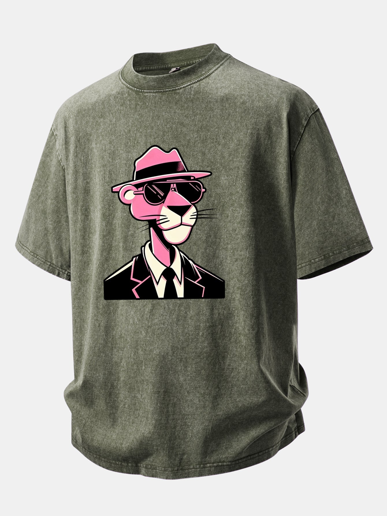 Pink Gentleman Panther Print Washed Distressed Drop Shoulder T-Shirt