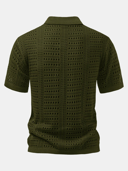 Crochet  V Neck Polo Shirt & Crinkle Textured Straight Leg Pants